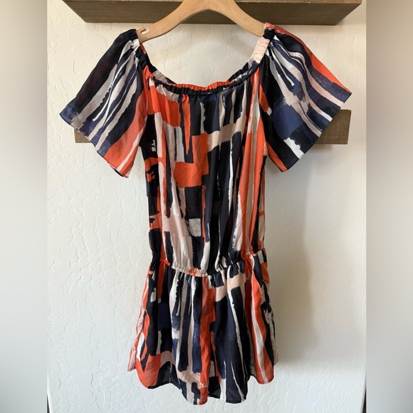 Elevenses|Anthropologie Off-Shoulder romper in multicolor Artsy print•••size 6 - Picture 2 of 13